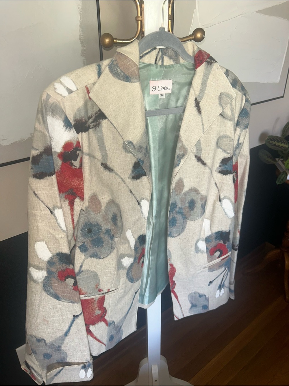 3 Sisters Beige Floral Print Linen-Blend Blazer with Blue and Red Accents